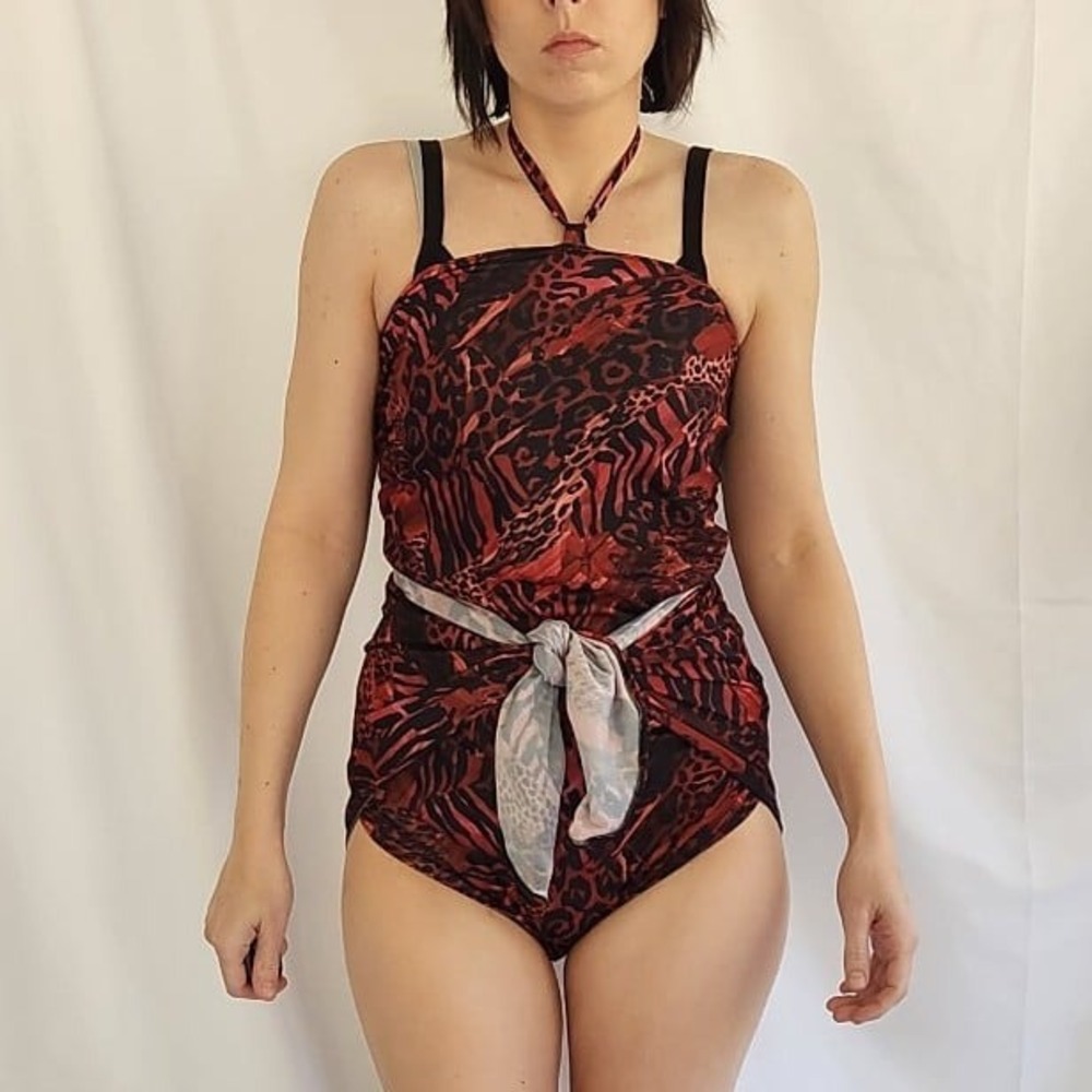80s Red and Black Animal Print Wrap Swimsuit